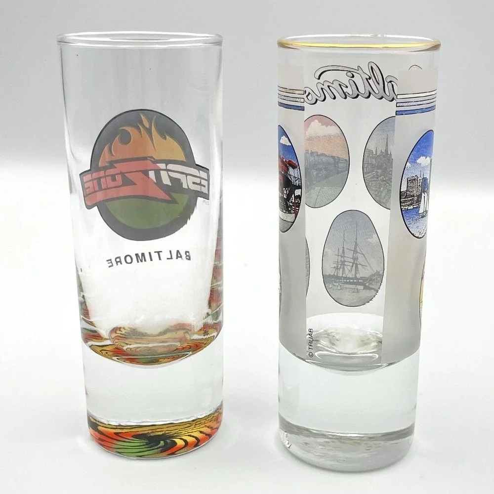 Vintage Baltimore Shot Glasses Set of 2 ESPN Zone Souvenir Gold‎ Rim 1990s
